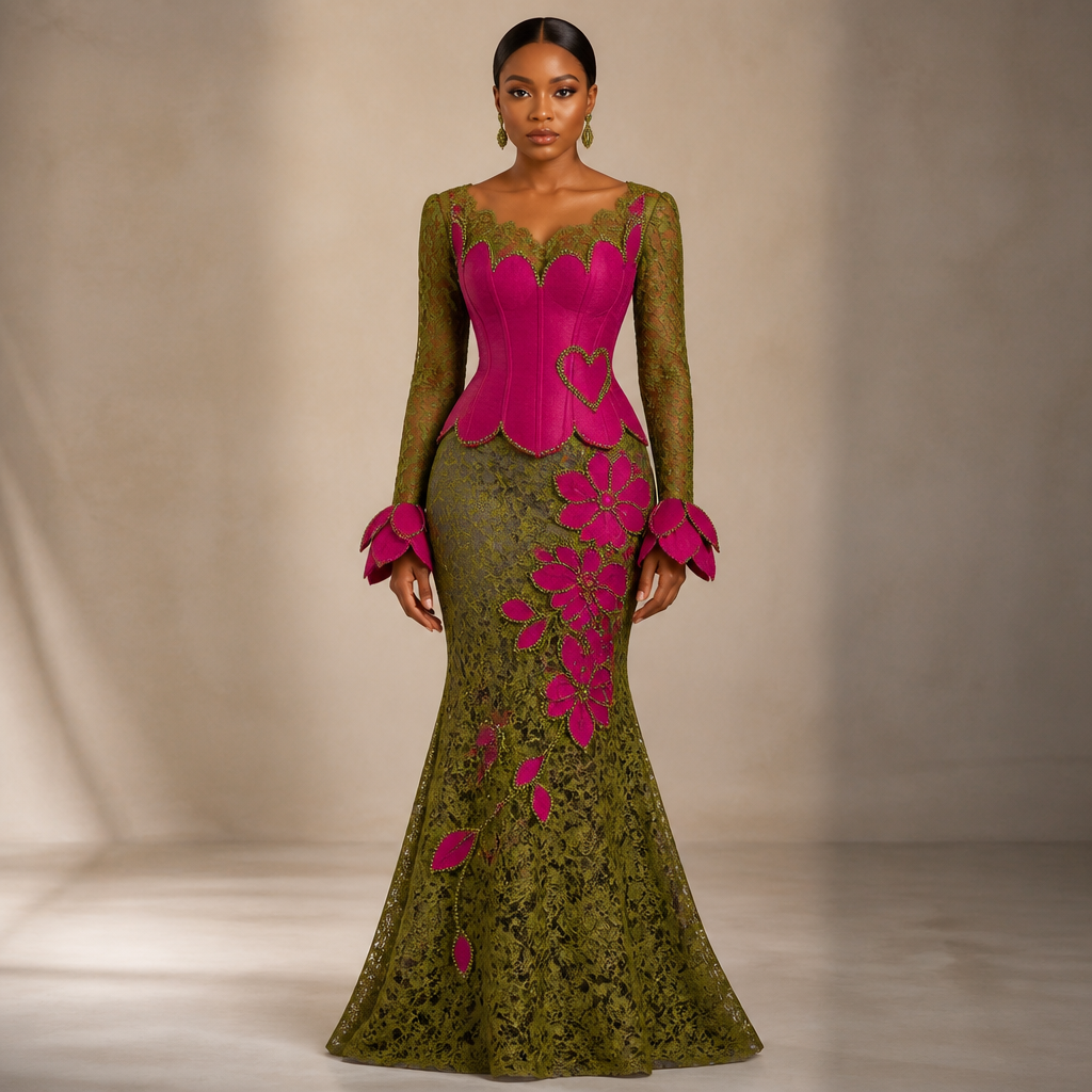 A Female Dress design, suitable for Summer. FRONT VIEW
Corset Blouse
Structured fitted corset bodice in rich fuchsia pink Aso-Oke, boned seams creating a defined hourglass waist and elegant rounded bust shaping
Queen Anne neckline rising to the shoulders, curving around the bust, dipping gently at centre front — edged in an olive-green lace yoke that frames the collarbone and upper chest while fuchsia Aso-Oke remains dominant below
Neckline edge cut into large stylised petal-shaped scallops (5–6 petals), each petal outlined in delicate round beading in olive, deep green, and rose-gold
Hem of the corset is a soft wave — three to four gentle rounded scallops flowing around the waist/hip — finished with a fine beaded border (not heavy)
Left side of the bodice: a moderately-sized heart motif in olive-green beadwork, with a beaded capital "G" centred inside it, positioned just above the hip wave
Sleeves
Long, fitted olive-green lace sleeves following the arm closely
At the wrist, an architectural twisted-petal cuff in fuchsia Aso-Oke — three to four overlapping sculptural folds that spiral outward like a partially opened flower, edge finished in subtle beading
Skirt (Revised)
Fitted olive-green lace mermaid skirt, close through the waist, hip, and thigh, then flaring dramatically into a mermaid silhouette from the knee down.
Instead of a solid panel, the fuchsia pink Aso-Oke is cut and appliquéd directly onto the lace as a scattering of large stylised flower and leaf motifs — mirroring the floral appliqué concept in reference 3. Each "flower" is built from shaped Aso-Oke petals layered onto the lace base, with a few smaller leaf-shaped Aso-Oke pieces branching outward between them, so the effect reads as an organic floral vine climbing the skirt rather than a geometric block.
The motifs are concentrated more heavily around the upper hip on one side, then trail off in size and frequency as they move diagonally down toward the mermaid flare — denser blooms near the hip, single scattered leaves/petals lower down, letting the olive lace breathe through the lower skirt.
Each Aso-Oke flower and leaf edge is outlined with fine round beading in olive, deep green, and rose-gold, giving the appliqué a raised, couture, hand-finished look rather than a flat printed pattern.
The overall effect: the olive lace remains the dominant base fabric, with the fuchsia Aso-Oke floral appliqué reading as a deliberate embroidered garden growing up from one hip — echoing the blouse's petal details without competing with it.. Nigeria fashion aesthetics. Present it as professional fashion catalogue photography: the garment is the subject, shown full-length with editorial styling, neutral posing and tasteful, non-suggestive framing.
photorealistic fashion design, A Female Dress design, suitable for Summer. FRONT VIEW
Corset Blouse
Structured fitted corset bodice in rich fuchsia pink Aso-Oke, boned seams creating a defined hourglass waist and elegant rounded bust shaping
Queen Anne neckline rising to the shoulders, curving around the bust, dipping gently at centre front — edged in an olive-green lace yoke that frames the collarbone and upper chest while fuchsia Aso-Oke remains dominant below
Neckline edge cut into large stylised petal-shaped scallops (5–6 petals), each petal outlined in delicate round beading in olive, deep green, and rose-gold
Hem of the corset is a soft wave — three to four gentle rounded scallops flowing around the waist/hip — finished with a fine beaded border (not heavy)
Left side of the bodice: a moderately-sized heart motif in olive-green beadwork, with a beaded capital "G" centred inside it, positioned just above the hip wave
Sleeves
Long, fitted olive-green lace sleeves following the arm closely
At the wrist, an architectural twisted-petal cuff in fuchsia Aso-Oke — three to four overlapping sculptural folds that spiral outward like a partially opened flower, edge finished in subtle beading
Skirt (Revised)
Fitted olive-green lace mermaid skirt, close through the waist, hip, and thigh, then flaring dramatically into a mermaid silhouette from the knee down.
Instead of a solid panel, the fuchsia pink Aso-Oke is cut and appliquéd directly onto the lace as a scattering of large stylised flower and leaf motifs — mirroring the floral appliqué concept in reference 3. Each "flower" is built from shaped Aso-Oke petals layered onto the lace base, with a few smaller leaf-shaped Aso-Oke pieces branching outward between them, so the effect reads as an organic floral vine climbing the skirt rather than a geometric block.
The motifs are concentrated more heavily around the upper hip on one side, then trail off in size and frequency as they move diagonally down toward the mermaid flare — denser blooms near the hip, single scattered leaves/petals lower down, letting the olive lace breathe through the lower skirt.
Each Aso-Oke flower and leaf edge is outlined with fine round beading in olive, deep green, and rose-gold, giving the appliqué a raised, couture, hand-finished look rather than a flat printed pattern.
The overall effect: the olive lace remains the dominant base fabric, with the fuchsia Aso-Oke floral appliqué reading as a deliberate embroidered garden growing up from one hip — echoing the blouse's petal details without competing with it.. Nigeria fashion aesthetics. Present it as professional fashion catalogue photography: the garment is the subject, shown full-length with editorial styling, neutral posing and tasteful, non-suggestive framing., just the design no text