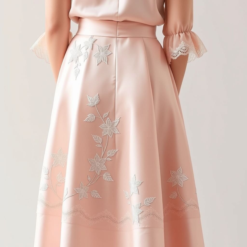 Aline flare skirt and flare short sleeves
Design a graceful A-line flare skirt paired with elegantly flared short sleeves, crafted from luxurious silk in a soft pastel hue. The skirt features delicate hand-embroidered floral motifs cascading from the waist, while the sleeves are adorned with lace trim. Perfect for an evening gala, embodying timeless sophistication and refined femininity.
