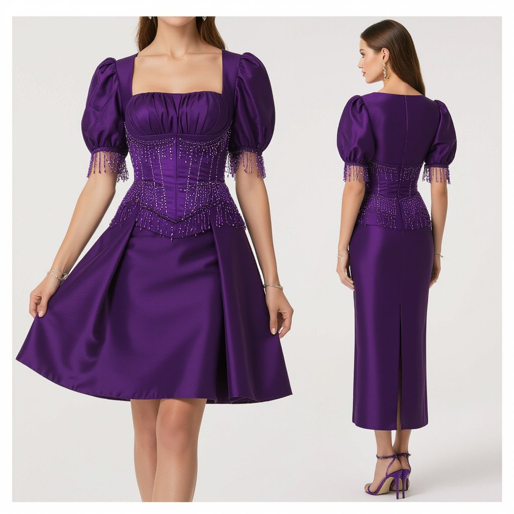 Triple toned shades of purple 3piece outfit with short puff sleeves and oval neck line a beaded hem that drops down to the keels in thin lines mixed with fringe on the corset part which is right above the knees and the inner straight skirt
Elegant fashion: Triple-toned purple 3-piece outfit: short puff sleeves, oval neckline. Beaded fringe corset above the knees, with a straight inner skirt, extending to the ankles.