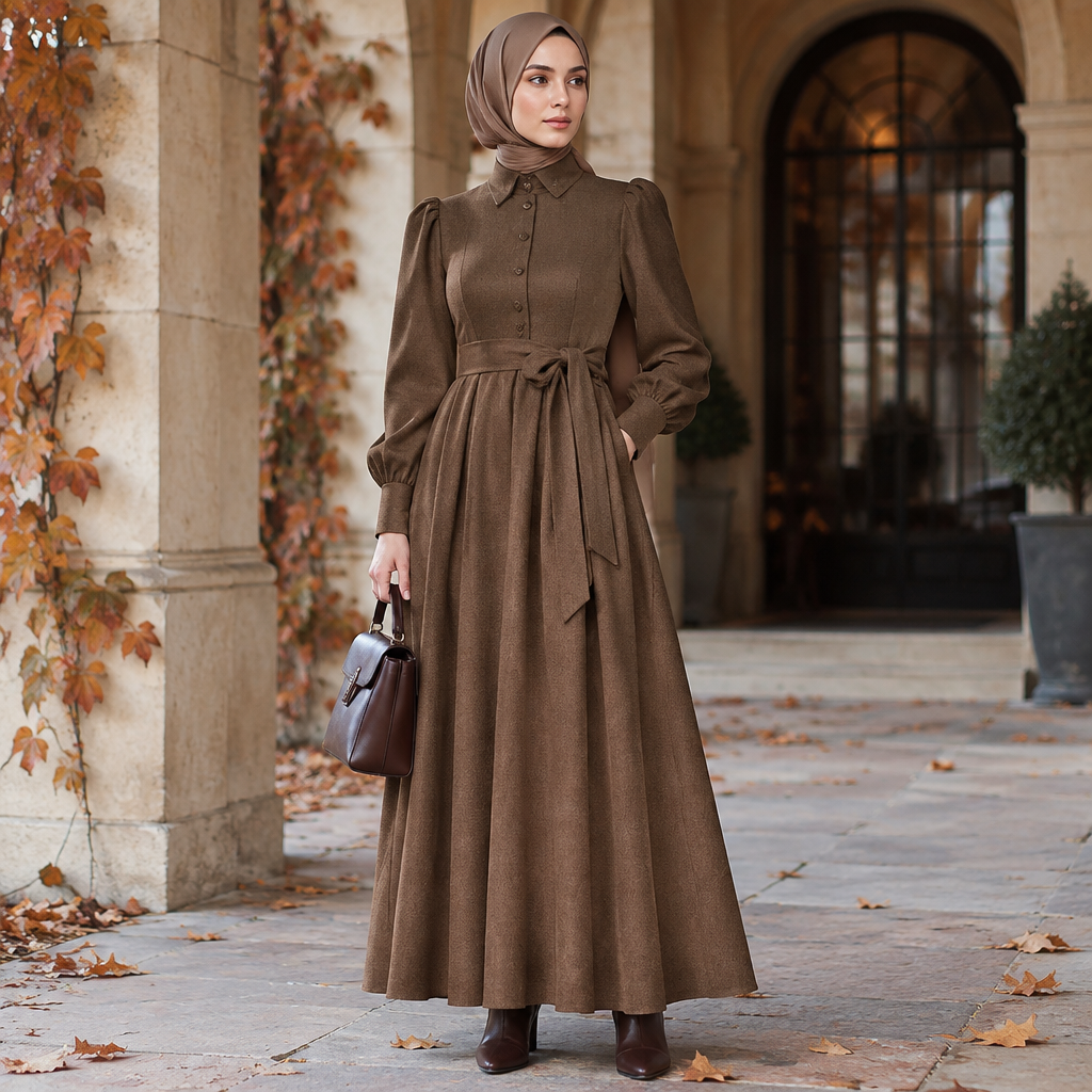 A Female Dress design, with modest, full coverage: longer hemlines, higher necklines and covered shoulders, suitable for Fall. IQ fashion aesthetics. Current season is Autumn in IQ. Present it as professional fashion catalogue photography: the garment is the subject, shown full-length with editorial styling, neutral posing and tasteful, non-suggestive framing.
photorealistic fashion design, A Female Dress design, with modest, full coverage: longer hemlines, higher necklines and covered shoulders, suitable for Fall. IQ fashion aesthetics. Current season is Autumn in IQ. Present it as professional fashion catalogue photography: the garment is the subject, shown full-length with editorial styling, neutral posing and tasteful, non-suggestive framing., just the design no text