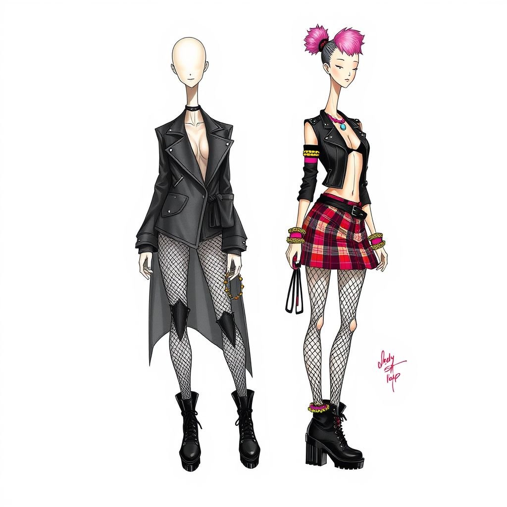 Female fashion sketch full body without head dummy with long neck an long west unique pose
Design a striking female punk fashion sketch featuring a full-body dummy with an elongated neck and a daring pose. Incorporate edgy elements like a dramatic asymmetrical leather jacket adorned with bold studs, distressed fishnet stockings, and vibrant plaid mini skirt. Complete the look with chunky combat boots and vibrant, spiked accessories.