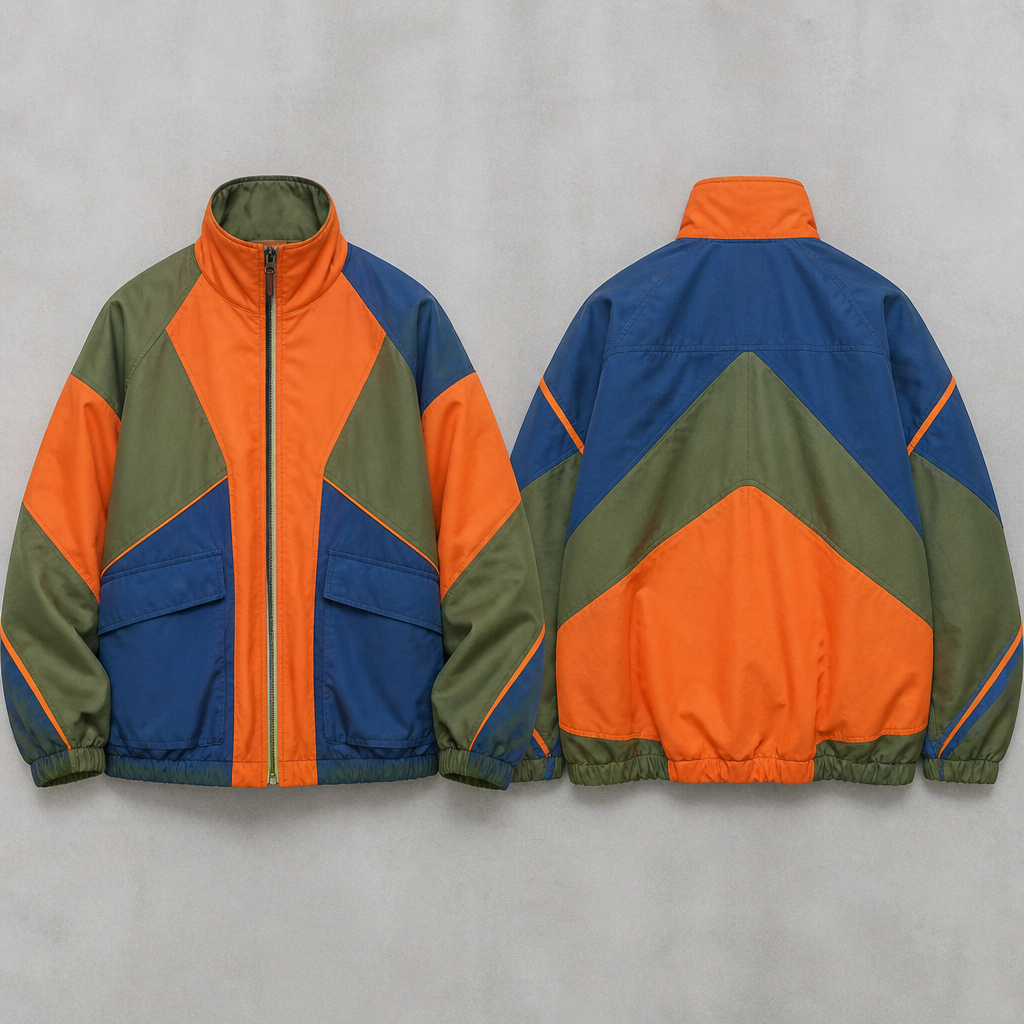 A Jacket design, in Streetwear style. A orange green and blue design. Philippines fashion aesthetics.
photorealistic fashion design, A Jacket design, in Streetwear style. A orange green and blue design. Philippines fashion aesthetics., streetwear style, just the design no text, show front and back