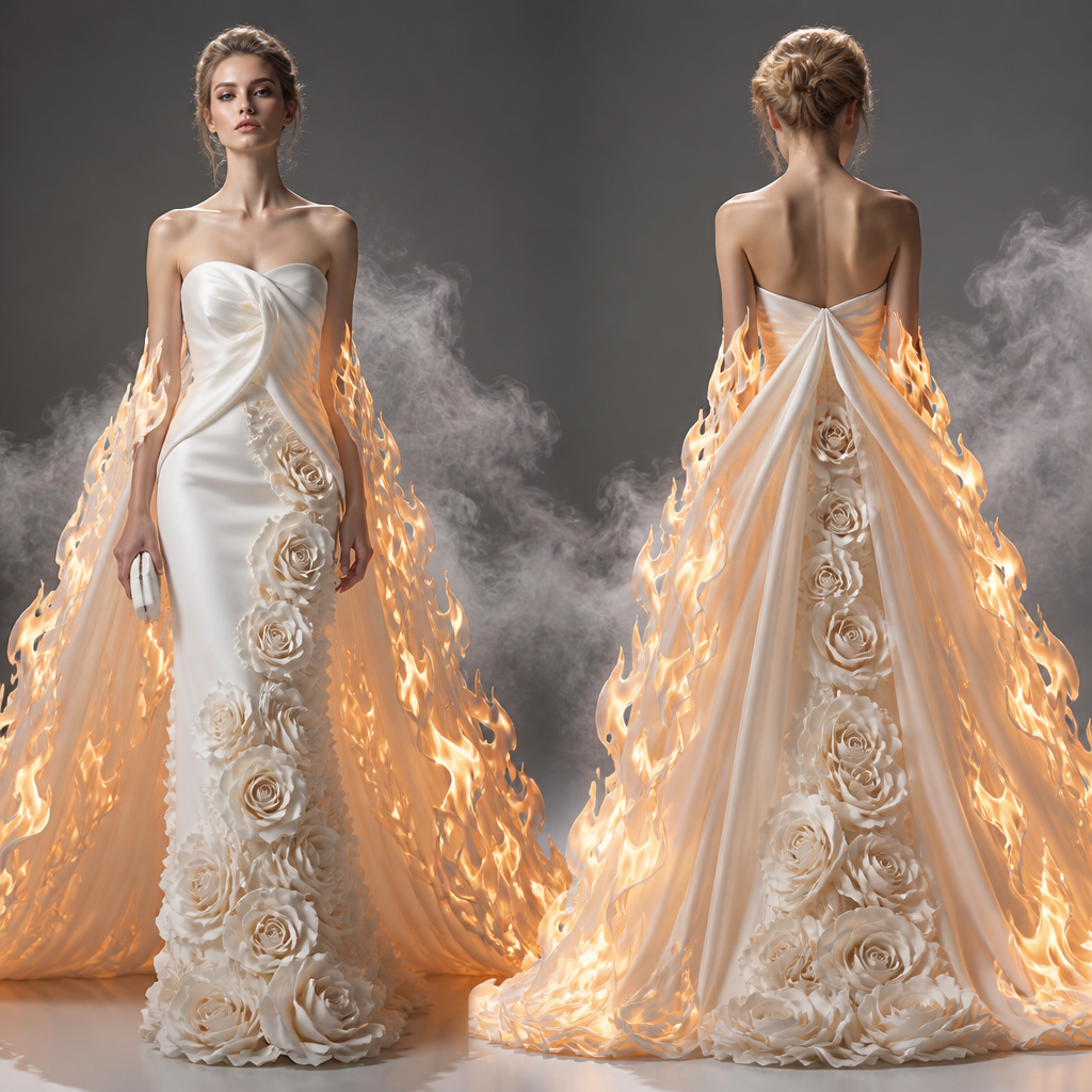 photorealistic fashion design, A Female Dress design, made of Satin, with a light, flowing drape, with a Fitted silhouette, styled in layers, for Formal, suitable for Fall, suited to a Cold climate, in Glamorous style, shown on a model with fair skin and a tall figure. a strapless dress that looks like a piece of fabric. What you spin you use a purse maknet and strong system to release cloth flames and smoke. the flames fall to a cape with a red rose covered dress. Present it as professional fashion catalogue photography: the garment is the subject, shown full-length with editorial styling, neutral posing and tasteful, non-suggestive framing., glamorous style, just the design no text, show front and back. Refinement: the last dress should be silk roses, the cape is fabric flames, LED light the cape, begging dress is white
photorealistic fashion design, photorealistic fashion design, A Female Dress design, made of Satin, with a light, flowing drape, with a Fitted silhouette, styled in layers, for Formal, suitable for Fall, suited to a Cold climate, in Glamorous style, shown on a model with fair skin and a tall figure. a strapless dress that looks like a piece of fabric. What you spin you use a purse maknet and strong system to release cloth flames and smoke. the flames fall to a cape with a red rose covered dress. Present it as professional fashion catalogue photography: the garment is the subject, shown full-length with editorial styling, neutral posing and tasteful, non-suggestive framing., glamorous style, just the design no text, show front and back. Refinement: the last dress should be silk roses, the cape is fabric flames, LED light the cape, begging dress is white, just the design no text