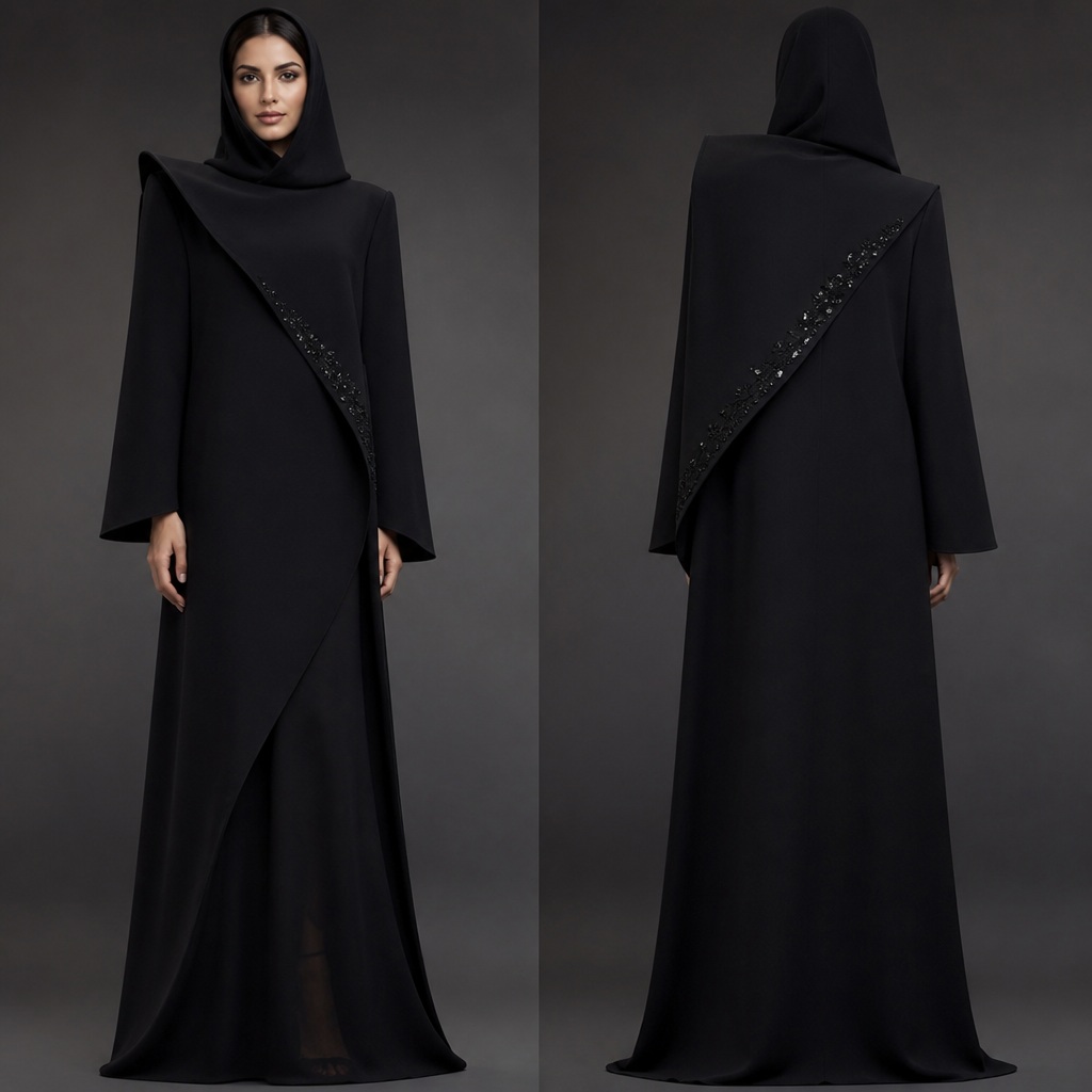 Luxury all-black abaya with a completely straight, sleek silhouette. Create an unusual sculptural shoulder where the fabric folds over itself and extends elegantly into the sleeve, creating a clean architectural shape. One side has a subtle curved opening revealing a second layer of black chiffon underneath. Add very delicate crystal flower clusters only along the folded edge. Minimal, mysterious, sophisticated and highly distinctive. Elegant abaya, not a dress, not flared.
photorealistic fashion design, Luxury all-black abaya with a completely straight, sleek silhouette. Create an unusual sculptural shoulder where the fabric folds over itself and extends elegantly into the sleeve, creating a clean architectural shape. One side has a subtle curved opening revealing a second layer of black chiffon underneath. Add very delicate crystal flower clusters only along the folded edge. Minimal, mysterious, sophisticated and highly distinctive. Elegant abaya, not a dress, not flared., just the design no text