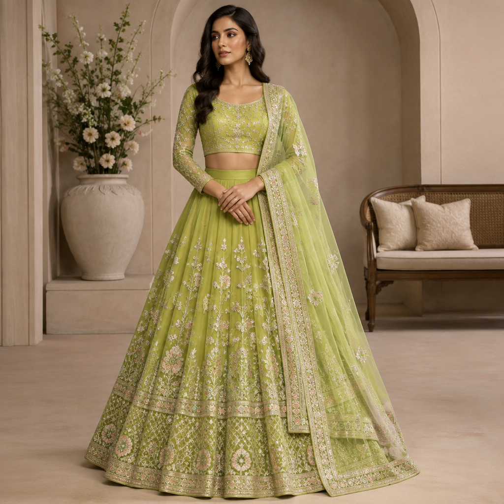 A Female Lehenga design, in Elegant style. bright lemon green change blouse. Bangladesh fashion aesthetics. Present it as professional fashion catalogue photography: the garment is the subject, shown full-length with editorial styling, neutral posing and tasteful, non-suggestive framing.
photorealistic fashion design, A Female Lehenga design, in Elegant style. bright lemon green change blouse. Bangladesh fashion aesthetics. Present it as professional fashion catalogue photography: the garment is the subject, shown full-length with editorial styling, neutral posing and tasteful, non-suggestive framing., elegant style, just the design no text