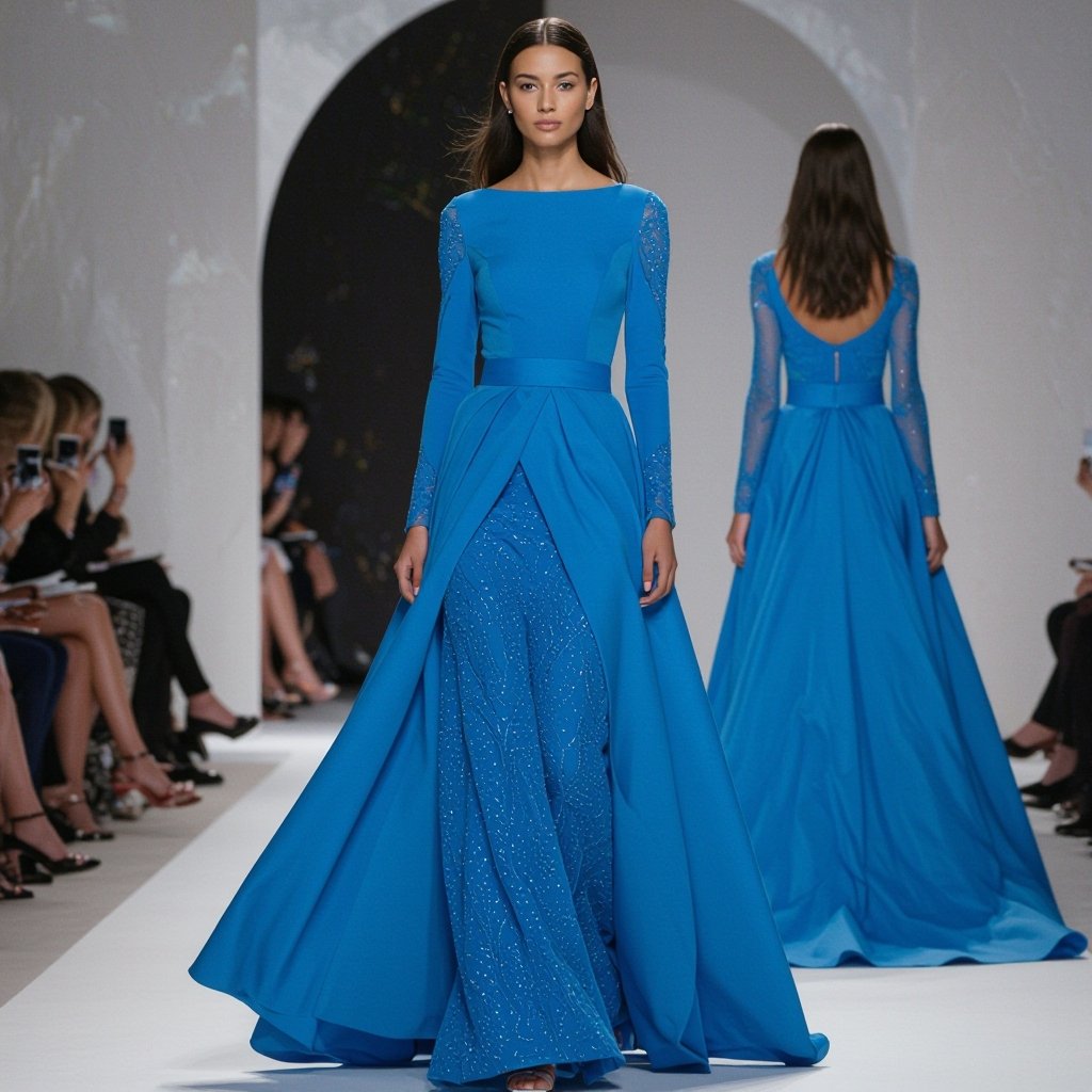 vorrei un vestito lungo ampio sopra con il gonnellond che si toglie e diventa a sirena considerando che io sono buona e occhi azzurri vorrei un colore che risalta i miei occhi anche perché è la festa dei mie 18 anni ma essendo un po grassorettal vorrei coprire un po le braccia
An electric blue gown with a detachable mermaid skirt and a flowing A-line overlay top. The dress has long sleeves, a round neckline, and a floor-length hem.