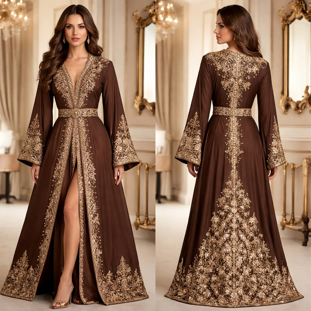 Maroccan caftan brown two pieces with golden or brons details. No cape. Verry classy and look expensive
Maroccan caftan brown two pieces with golden or brons details. No cape. Verry classy and look expensive , classic style, show front and back