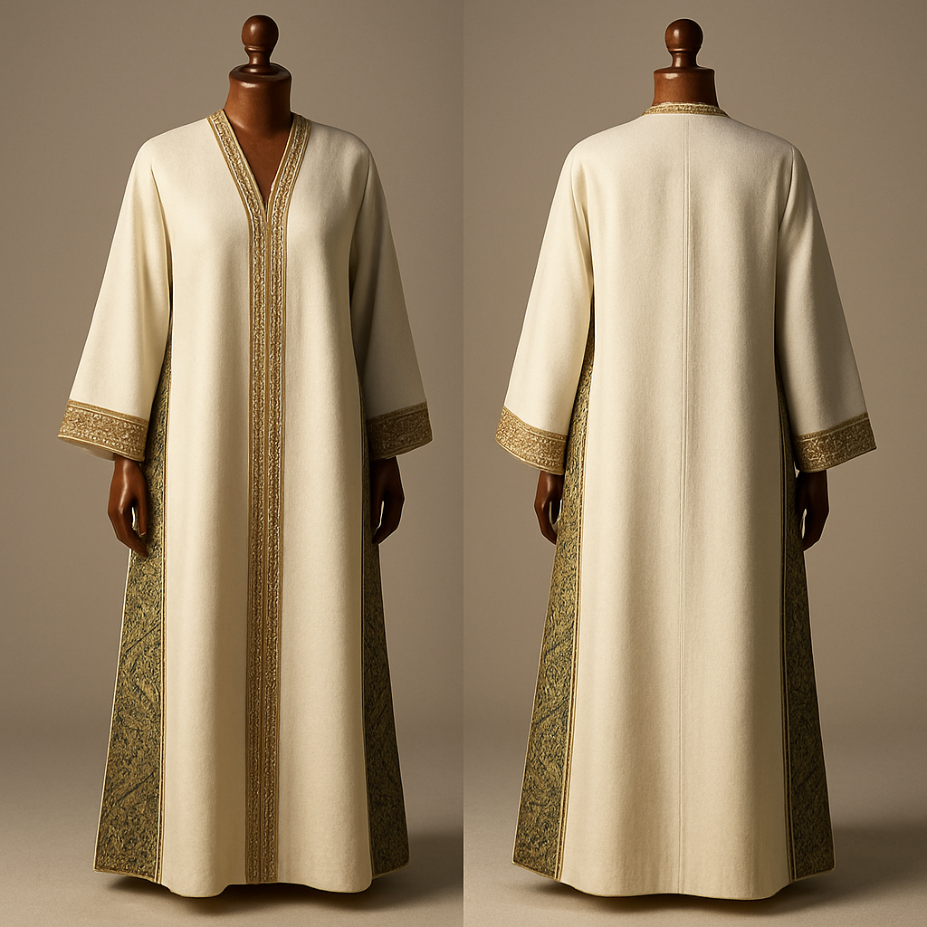 
(photorealistic)
"Photorealistic full-length fashion photograph of an ankle-length ivory white abaya v cut from front  and najdi geometric embroidery in gold for the edges,displayed on a luxurious polished wooden mannequin. The abaya features long side slits from underarm to ankle with an external Kashmiri patterned panel attached to the outer edge of each slit; the Kashmiri panel is jacquard/textured paisley in complementary-olive green with little gold touches tones. A narrow Najdi geometric embroidery (3–3.5 cm wide) in matte antique-gold thread runs along the outer edge of each panel, with small repeating motifs spaced every 15–20 cm — embroidery visible down to the ankle. Silhouette: straight A-line, soft drape, lightweight wool-blend, lightly lined. Styling: clean neutral studio background, soft directional warm light, full-length view showing panels to the ankle, high-detail texture and fabric realism. Camera: 35mm perspective, shallow depth of field (f/4), high-resolution output (4k)."



(photorealistic)
"Photorealistic full-length fashion photograph of an ankle-length ivory white abaya v cut from front  and najdi geometric embroidery in gold for the edges,displayed on a luxurious polished wooden mannequin. The abaya features long side slits from underarm to ankle with an external Kashmiri patterned panel attached to the outer edge of each slit; the Kashmiri panel is jacquard/textured paisley in complementary-olive green with little gold touches tones. A narrow Najdi geometric embroidery (3–3.5 cm wide) in matte antique-gold thread runs along the outer edge of each panel, with small repeating motifs spaced every 15–20 cm — embroidery visible down to the ankle. Silhouette: straight A-line, soft drape, lightweight wool-blend, lightly lined. Styling: clean neutral studio background, soft directional warm light, full-length view showing panels to the ankle, high-detail texture and fabric realism. Camera: 35mm perspective, shallow depth of field (f/4), high-resolution output (4k)."
, show front and back