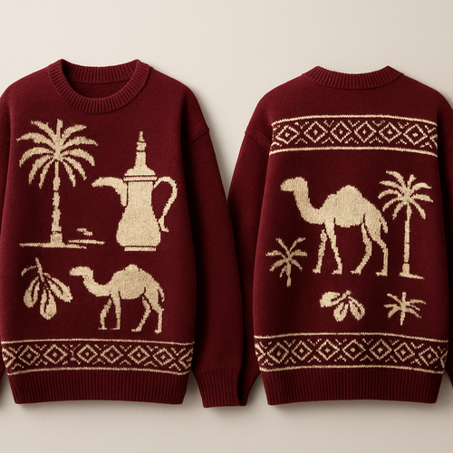 I want a sweater With a Saudi touches 
Like Palm tree’s and Date’s and a saudi coffee and camel’s like this with this style “cozy winter sweater”
And stop to use any word at the sweater 
And i want the Burgundy colour 
