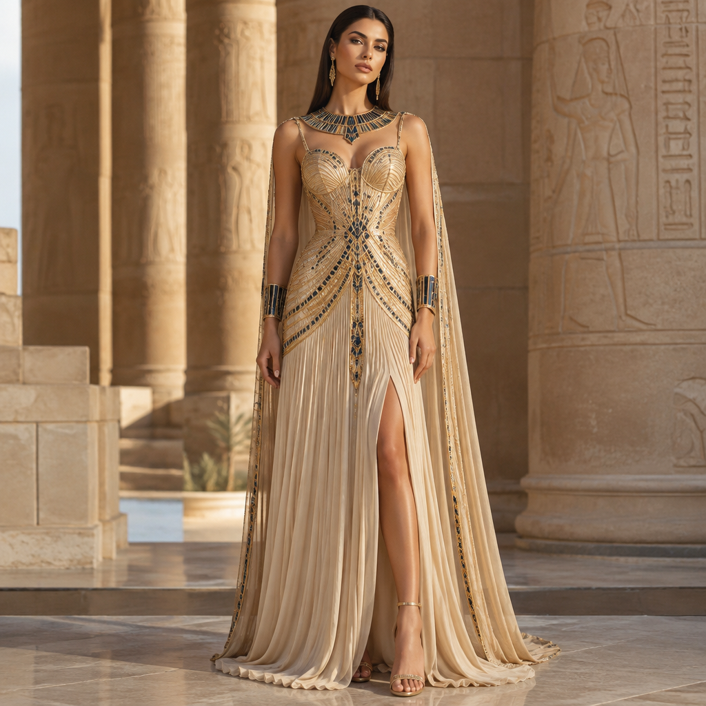 A Dress design, in Glamorous style. Egypt fashion aesthetics. Present it as professional fashion catalogue photography: the garment is the subject, shown full-length with editorial styling, neutral posing and tasteful, non-suggestive framing.
photorealistic fashion design, A Dress design, in Glamorous style. Egypt fashion aesthetics. Present it as professional fashion catalogue photography: the garment is the subject, shown full-length with editorial styling, neutral posing and tasteful, non-suggestive framing., glamorous style, just the design no text
