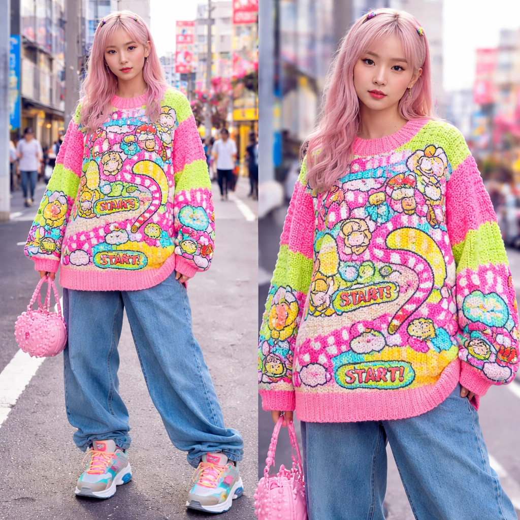 cute chunky neon cartoon candy land board game sweater
Japanese Street fashion design: **Oversized cotton sweater with a chunky knit, featuring a bright neon color palette and a playful cartoon candy land board game pattern. Style with relaxed fit denim and chunky sneakers.**