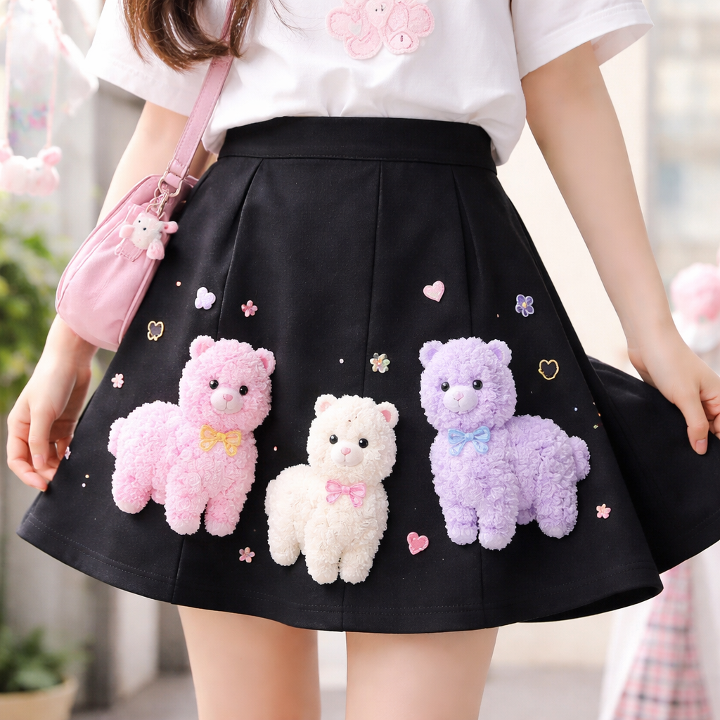 just above the knee length black cotton skirt with cute pastel cartoon fluffy 3d textured alpacas
Korean Fashion fashion design: A-line above-the-knee black cotton skirt, relaxed fit. Features cute pastel cartoon fluffy 3D textured alpacas. Korean street style, youthful and playful.