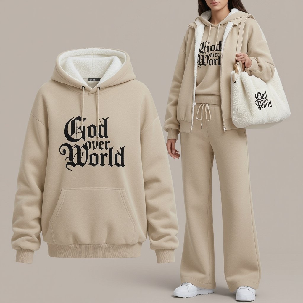 mock design portfolio for winter. beige with white fleece i side lining hoodie and flare baggy sweatpant & hoodie. black embroidery logo saying God over world in a unique way
Mock design portfolio for winter. Beige fleece hoodie with white sherpa lining. Matching beige fleece flare baggy sweatpants. Black embroidered "God over World" logo in a unique design on both garments.