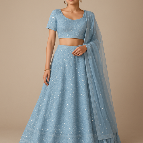 Powder blue single mirror work lehnga with short kurti and muk aish duppatta with tassal lace