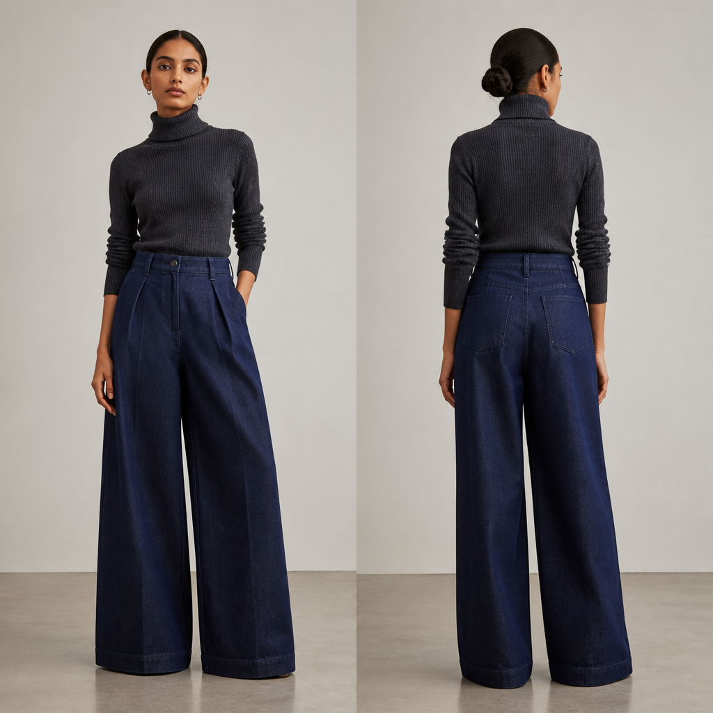 photorealistic fashion design, A Pants design, made of Denim, with a crisp, structured drape, with an Oversized silhouette, with modest, full coverage: longer hemlines, higher necklines and covered shoulders, in a Neutrals color palette, for Casual, suitable for Winter, suited to a Temperate climate, shown on a model with brown skin and a petite figure. IQ fashion aesthetics. Present it as professional fashion catalogue photography: the garment is the subject, shown full-length with editorial styling, neutral posing and tasteful, non-suggestive framing., just the design no text, show front and back. Refinement: غير اللون الي لون كحلي
photorealistic fashion design, photorealistic fashion design, A Pants design, made of Denim, with a crisp, structured drape, with an Oversized silhouette, with modest, full coverage: longer hemlines, higher necklines and covered shoulders, in a Neutrals color palette, for Casual, suitable for Winter, suited to a Temperate climate, shown on a model with brown skin and a petite figure. IQ fashion aesthetics. Present it as professional fashion catalogue photography: the garment is the subject, shown full-length with editorial styling, neutral posing and tasteful, non-suggestive framing., just the design no text, show front and back. Refinement: غير اللون الي لون كحلي, just the design no text