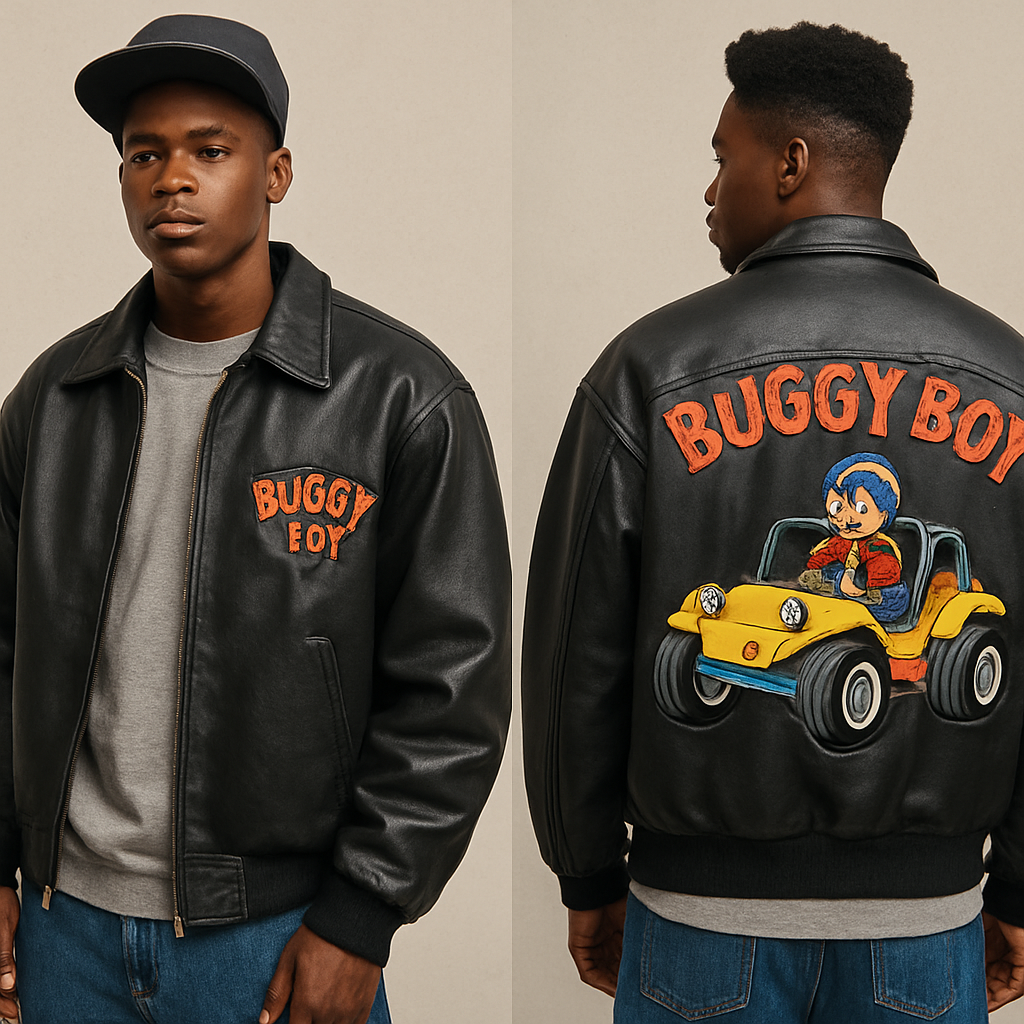 Black man wearing Buggy boy leather jacket in 90’s fashion street wear with a cartoon character in a dune buggy
Black man wearing Buggy boy leather jacket in 90’s fashion street wear with a cartoon character in a dune buggy
, streetwear style, show front and back