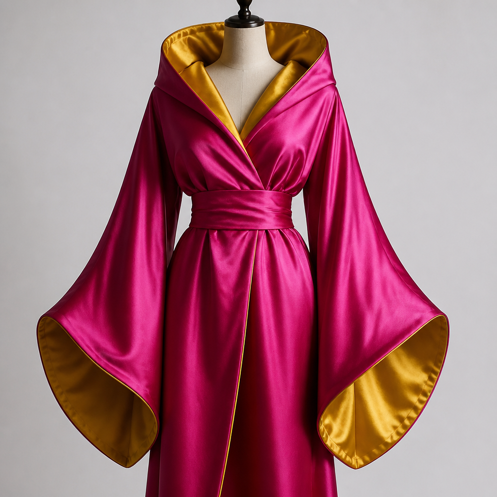 photorealistic fashion design, A Female Dress design, suitable for Spring. Kimono with pink silk exterior and yellow silk lining. Sleeves are inverted teardrop shape instead of the traditional rectangular hanging sleeve. The collar becomes a hood in the back., just the design no text. Refinement: The exterior silk is fushia pink and the lining is golden yellow. The silk is a heavier. The interior of the hood is lined in yellow silk as well.
photorealistic fashion design, photorealistic fashion design, A Female Dress design, suitable for Spring. Kimono with pink silk exterior and yellow silk lining. Sleeves are inverted teardrop shape instead of the traditional rectangular hanging sleeve. The collar becomes a hood in the back., just the design no text. Refinement: The exterior silk is fushia pink and the lining is golden yellow. The silk is a heavier. The interior of the hood is lined in yellow silk as well. , just the design no text
