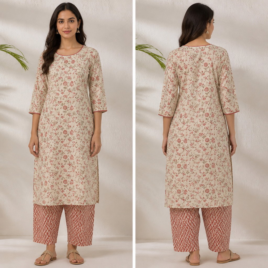 A salwar kameez. Bottom and top different fabric.
3/4 sleeve with bottom fabric piping. Piping on round neck too.
photorealistic fashion design, A salwar kameez. Bottom and top different fabric.
3/4 sleeve with bottom fabric piping. Piping on round neck too. , cotton style, just the design no text, show front and back