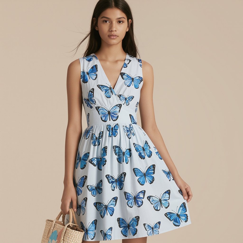 Light blue dress with butterfly on it
Light blue cotton sundress with a butterfly print, empire-waist, and A-line skirt.