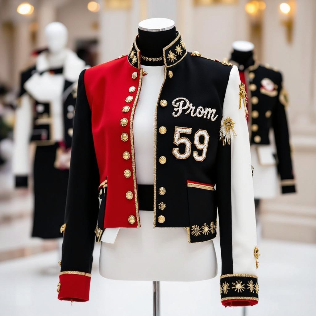 Crea una chaqueta para prom 2026 de color rojo negro y blanco, con detalles dorados que tenga prom 59
Create a prom 2026 jacket in red, black, and white fabric. It features a tailored cut with gold accents and an embroidered "Prom 59" detail.
