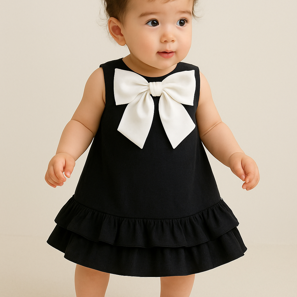 一歳の女の子着用画
ジャケット生地の黒のノンスリーブワンピース、丈は膝上
肩の部分、襟の部分が隠れるように白の大きなリボン
スカートの裾に、リボンと同じ色と素材で、真ん中ギャザーのフリルを2段
一歳の女の子着用画
ジャケット生地の黒のノンスリーブワンピース、丈は膝上
肩の部分、襟の部分が隠れるように白の大きなリボン
スカートの裾に、リボンと同じ色と素材で、真ん中ギャザーのフリルを2段