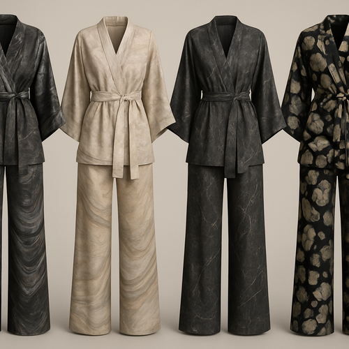 Create a modest two piece loose pant and kimono , first of its kind, featuring a unique stone design that exudes a classy and sophisticated vibe. I'd like four designs, each showcasing different styles and fabrics. Incorporate high-end, unique chic stone designs to make them truly special. Add little sophisticated stone designs. Make it irresistible!