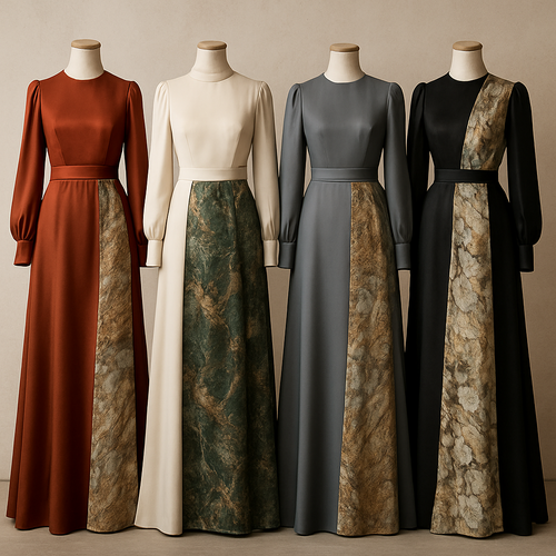 Create a modest luxury dress using silk fabric and others, the first of its kind, featuring a unique stone design that exudes a classy and sophisticated vibe. I'd like four designs, each showcasing different styles and fabrics. Incorporate high-end, unique chic stone designs to make them truly special.