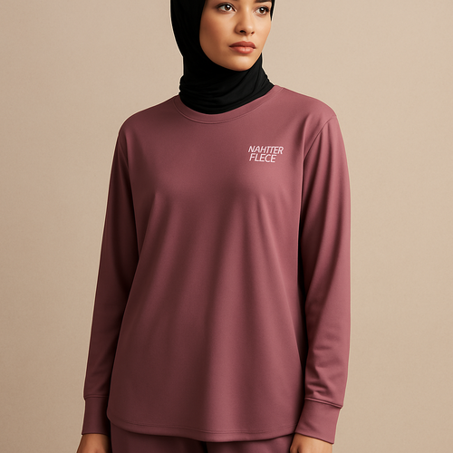 Create a revolutionary women's modest loose gym wear brand called "Modest Fleur". Display the brand name on the in a unique design on the upper right side, in small thick writing that exudes a classy and sophisticated vibe. I'd like four designs, each showcasing different styles and fabrics, with high-end, chic designs to make them truly special. Making it first design in the world 