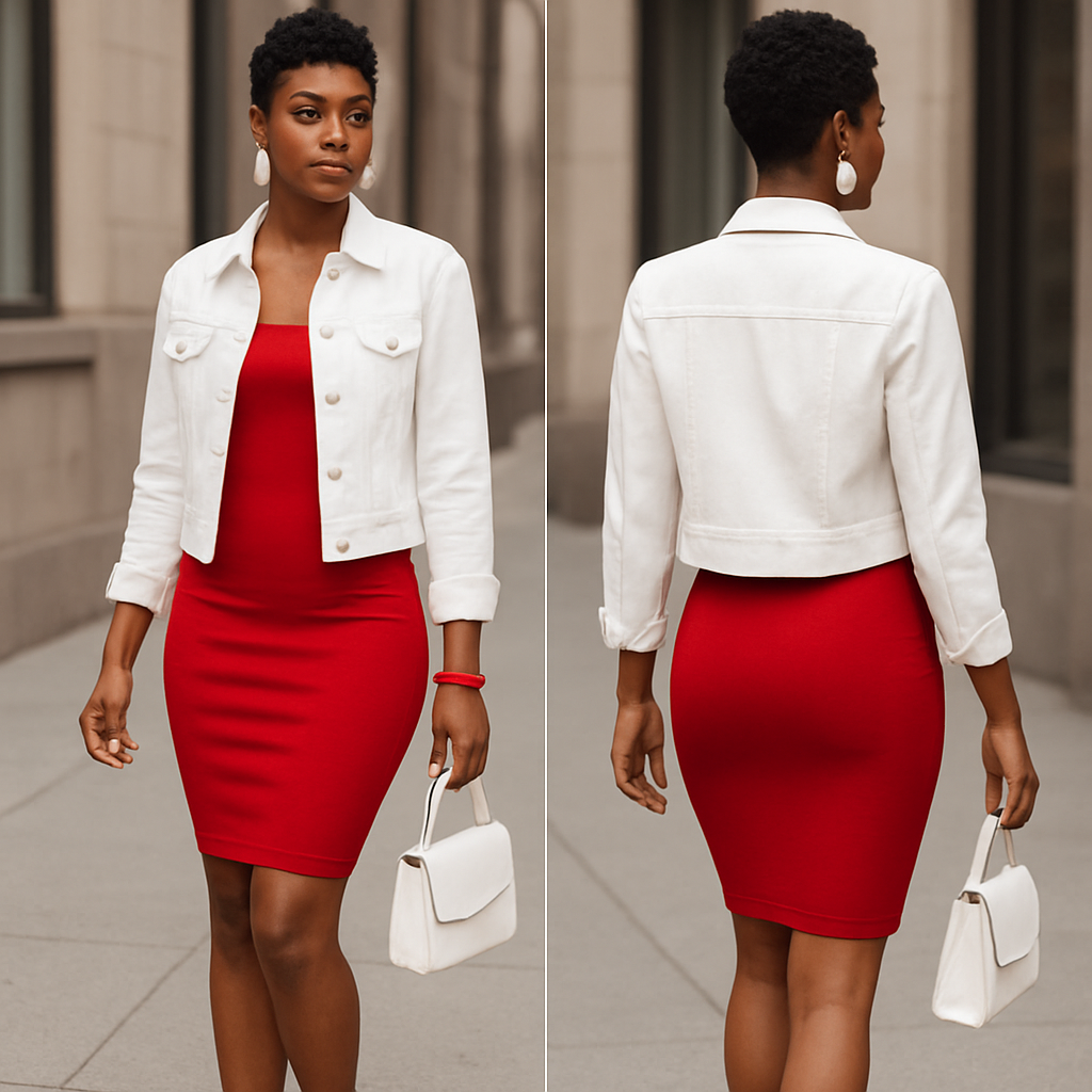 Black woman
Bodycon red dress
White button down jacket
White earrings and red bracelet
Pixie cut
Red heels
White purse
Black woman
Bodycon red dress
White button down jacket
White earrings and red bracelet
Pixie cut
Red heels
White purse
, streetwear style, show front and back