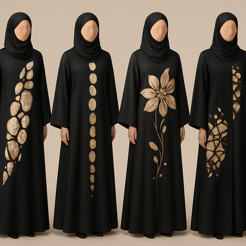 Create a modest abaya that's the first of its kind, featuring a unique stone design that exudes a classy and sophisticated vibe. I'd like four designs, each showcasing different styles and fabrics.Incorporate high-end, unique chic stone designs to make them truly special. And add little cute touch of sophisticated stone designs. Add huge flower and unique designs.