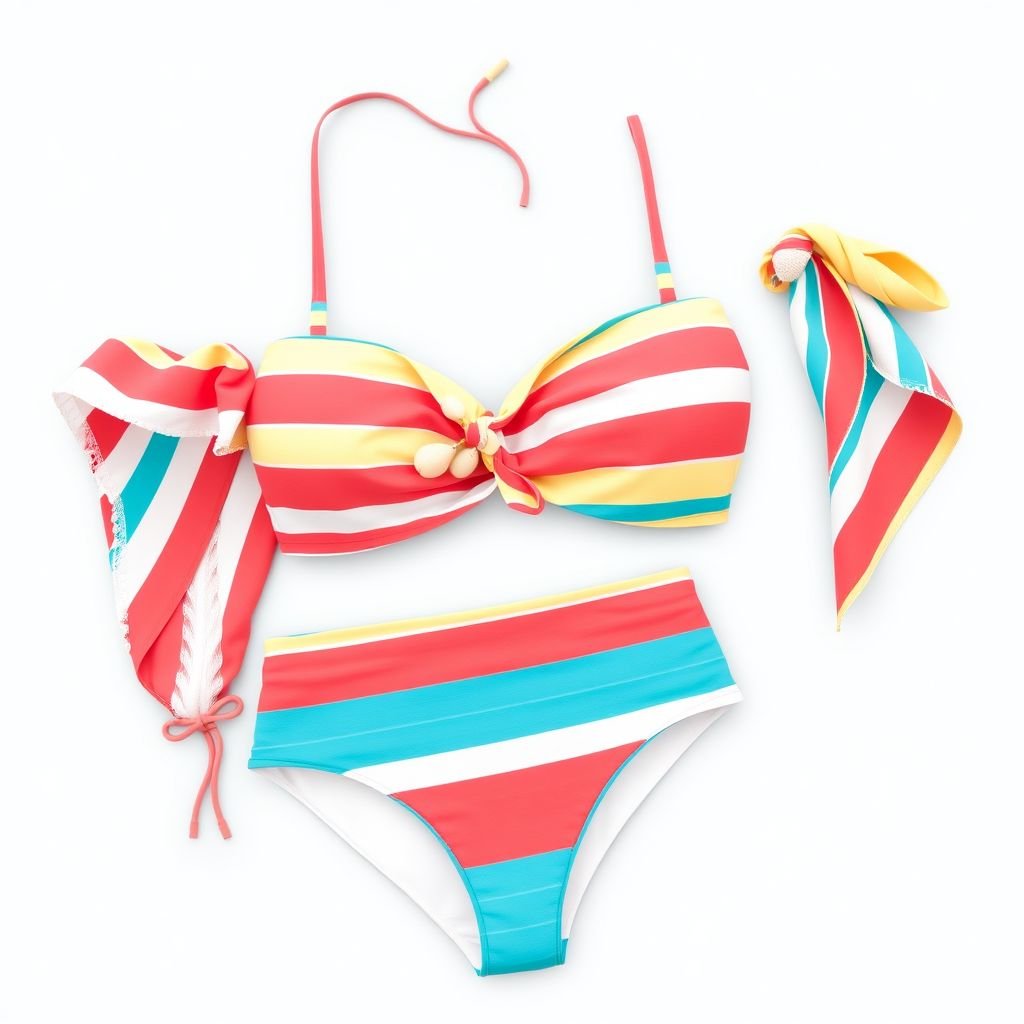 Two pieces swimwear with thin stripes -inspired by leoni the influencer
Design a chic two-piece swimwear set featuring slim, playful stripes in vibrant beach hues—turquoise, coral, and sunshine yellow. Incorporate a flattering high-waisted bottom and a stylish crop bikini top with off-the-shoulder straps. Add delicate shell accents and a breezy sarong as a perfect cover-up, embracing the carefree essence of beach life.
