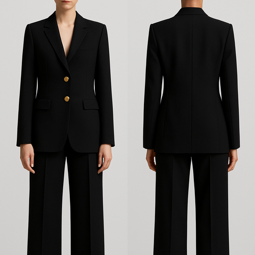 Haz un traje negro elegante y minimalista con los botones dorados, que la blazer quede por debajo del culo pero que no sea muy larga y que el pantalón sea un poco ancho.