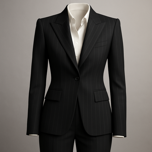 Sharp power suit with peaked lapels and subtle pinstripe detailing