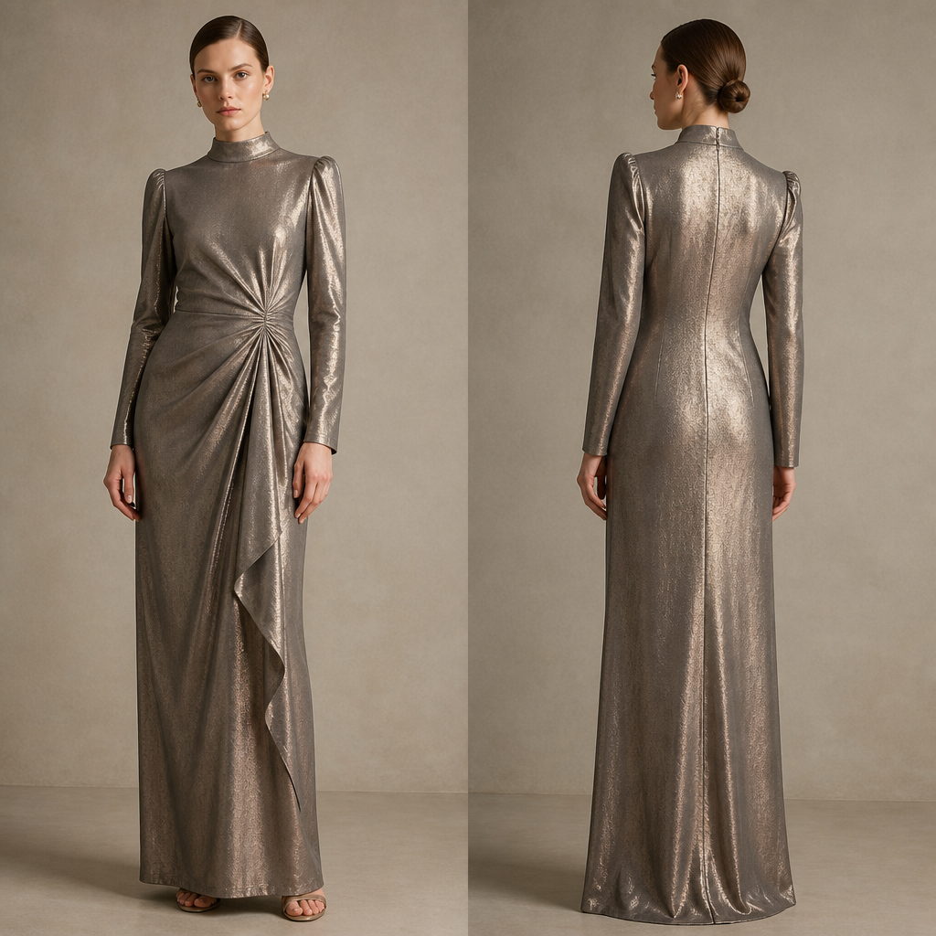 A Female Dress design, made of Silk, with a light, flowing drape, with a Fitted silhouette, with modest, full coverage: longer hemlines, higher necklines and covered shoulders, in a Metallic color palette, for Party, suitable for Winter, suited to a Cold climate, in Minimalist style, shown on a model with fair skin and a tall figure. Egypt fashion aesthetics. Present it as professional fashion catalogue photography: the garment is the subject, shown full-length with editorial styling, neutral posing and tasteful, non-suggestive framing.
photorealistic fashion design, A Female Dress design, made of Silk, with a light, flowing drape, with a Fitted silhouette, with modest, full coverage: longer hemlines, higher necklines and covered shoulders, in a Metallic color palette, for Party, suitable for Winter, suited to a Cold climate, in Minimalist style, shown on a model with fair skin and a tall figure. Egypt fashion aesthetics. Present it as professional fashion catalogue photography: the garment is the subject, shown full-length with editorial styling, neutral posing and tasteful, non-suggestive framing., minimalist style, just the design no text, show front and back