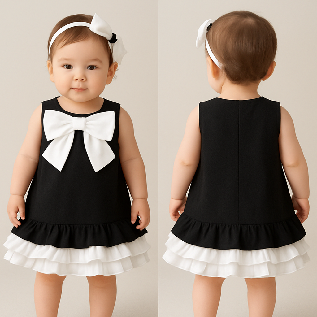 一歳の女の子着用画
ジャケット生地の黒のノンスリーブワンピース、丈は膝上
肩の部分、襟の部分が隠れるように白の大きなリボン
スカートの1番下の裾に、白色で、真ん中ギャザーで上下に広がるフリフリのフリルを一周巻く(ボリューム感)
その上に同じものをもう一周巻く
背中に装飾はなし
頭には白のカチューシャ
カチューシャにはちょっとした黒い装飾
一歳の女の子着用画
ジャケット生地の黒のノンスリーブワンピース、丈は膝上
肩の部分、襟の部分が隠れるように白の大きなリボン
スカートの1番下の裾に、白色で、真ん中ギャザーで上下に広がるフリフリのフリルを一周巻く(ボリューム感)
その上に同じものをもう一周巻く
背中に装飾はなし
頭には白のカチューシャ
カチューシャにはちょっとした黒い装飾, show front and back