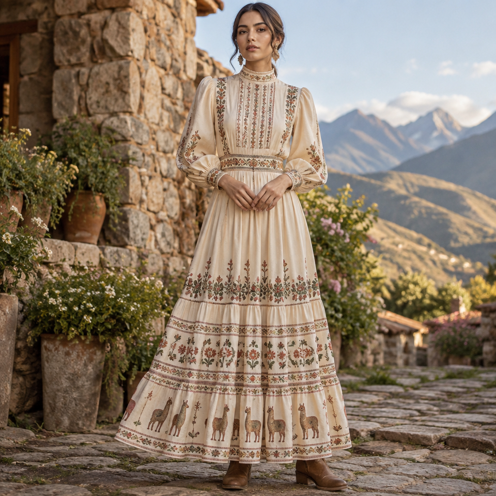 A Dress design, with modest, full coverage: longer hemlines, higher necklines and covered shoulders, suitable for Spring, in Cottagecore + Elegant style. Peru fashion aesthetics. Present it as professional fashion catalogue photography: the garment is the subject, shown full-length with editorial styling, neutral posing and tasteful, non-suggestive framing.
photorealistic fashion design, A Dress design, with modest, full coverage: longer hemlines, higher necklines and covered shoulders, suitable for Spring, in Cottagecore + Elegant style. Peru fashion aesthetics. Present it as professional fashion catalogue photography: the garment is the subject, shown full-length with editorial styling, neutral posing and tasteful, non-suggestive framing., cottagecore style, just the design no text