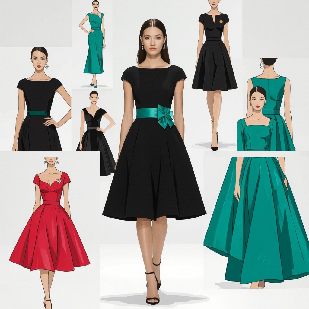 Create black dress with Tiffany green detail
Create a black crepe dress with a Tiffany green satin inset at the waist, a scoop neck, and a knee-length A-line skirt.