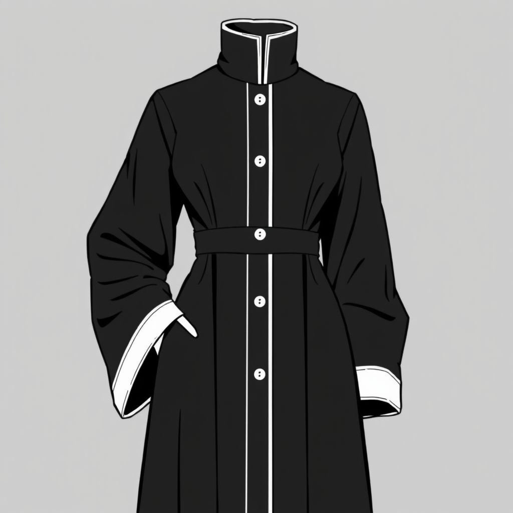 https://pin.it/5CDr8JUV3 اريد نفس هذي العبايه كامل لونها اسود
Create a sophisticated black abaya inspired by academic fashion, featuring structured lines and a tailored silhouette. Incorporate white piping along the edges for contrast and elegance. Add subtle details like a high collar and decorative buttons, evoking a sense of scholarly refinement, while maintaining cultural respect and contemporary flair.