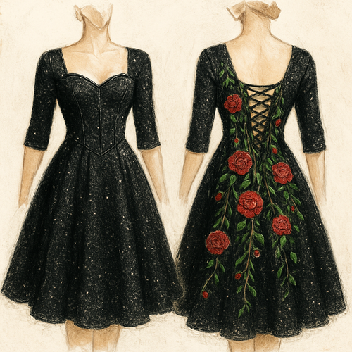 Glittery swing dress,black color, 1/3 sleeves sleeves. With red roses and green vines embroidered cascading down the back of the dress. Corset top and lace up back.