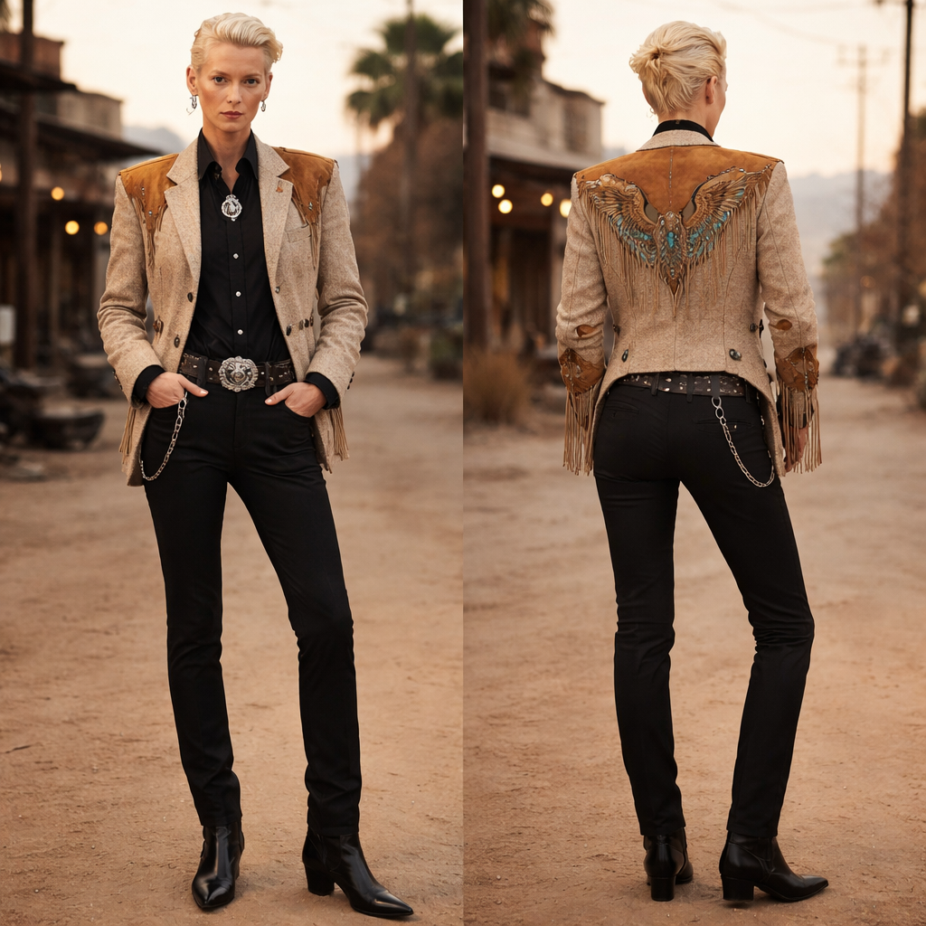 Cigarette pants
Androgynous
Tilda Swinton
Cigarette pants
Androgynous
Tilda Swinton
, neo_western style, show front and back