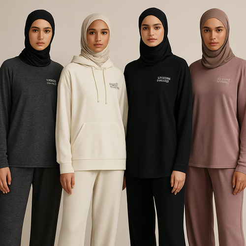 Create a revolutionary women’s modest loose gym wear brand called “Modest Fleur”. Display the brand name on the garments in a unique design on the upper right side, in small thick writing that exudes a classy and sophisticated vibe. I’d like four designs, each showcasing different styles and fabrics, with high-end, unique chic designs to make them truly special.