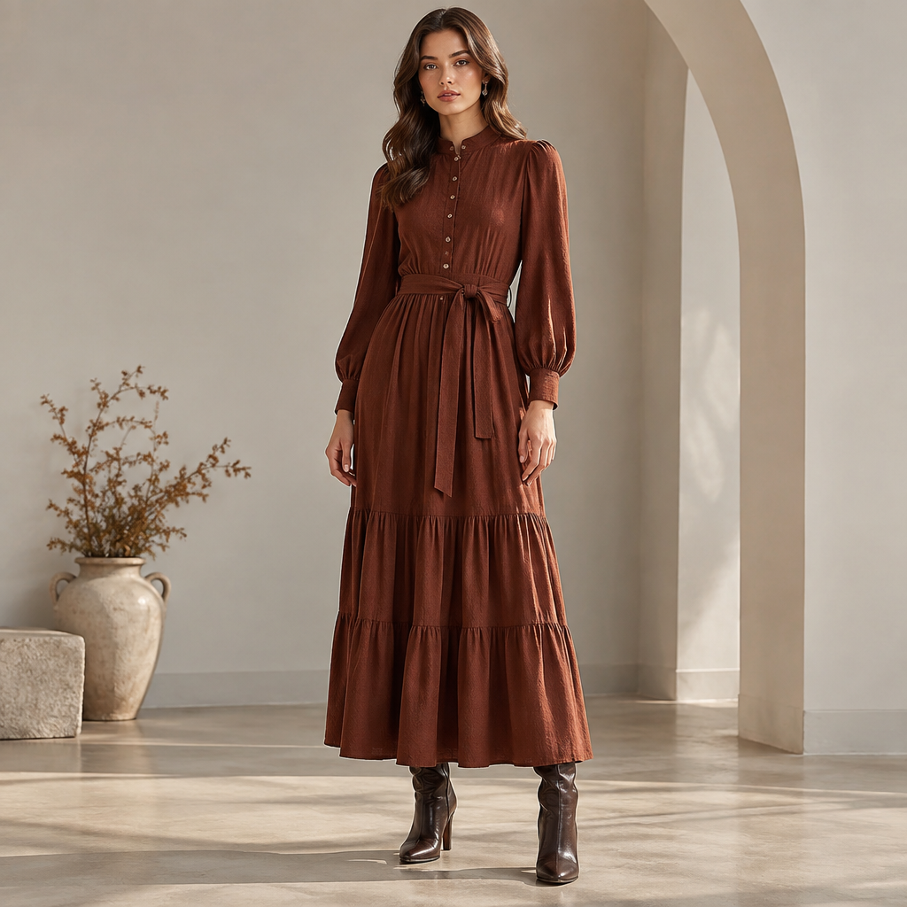 A Female Dress design, suitable for Fall. IQ fashion aesthetics. Current season is Autumn in IQ. Present it as professional fashion catalogue photography: the garment is the subject, shown full-length with editorial styling, neutral posing and tasteful, non-suggestive framing.
photorealistic fashion design, A Female Dress design, suitable for Fall. IQ fashion aesthetics. Current season is Autumn in IQ. Present it as professional fashion catalogue photography: the garment is the subject, shown full-length with editorial styling, neutral posing and tasteful, non-suggestive framing., just the design no text