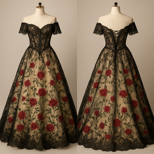 Lace wedding dress,black and champagne color, off the shoulder sleeves, and red roses and green vines embroidered on the dress. Corset top and lace up back.