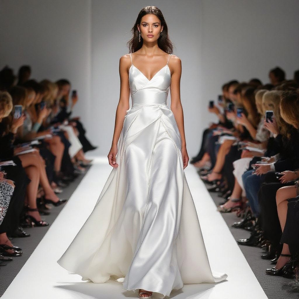 I wanna create a beautiful dress
A chic satin dress, with a flowing silhouette, thin straps, and a rounded neckline.