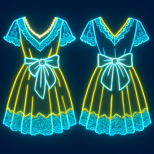 With yellow, elegant, white blue dress, something you wear on the beach with pearls and lots of lace and a big white bow