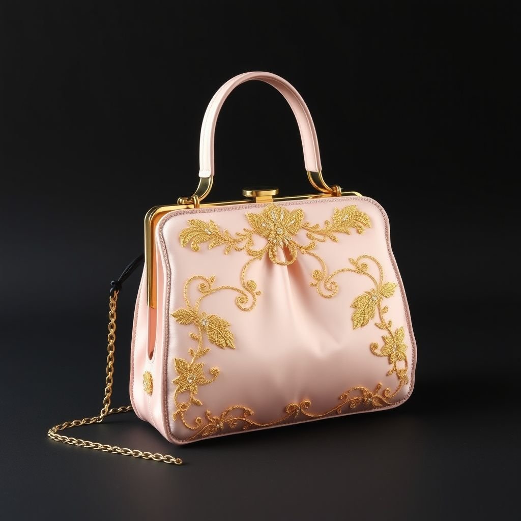 Sac à main
Design an elegant evening handbag adorned with delicate gold embroidery and soft, blush satin. The silhouette should feature a structured, minimalist shape, complemented by a refined scalloped edge. Include an intricate, detachable chain strap, enabling versatility while maintaining an air of sophistication. Capture timeless elegance and luxurious grace in every detail.