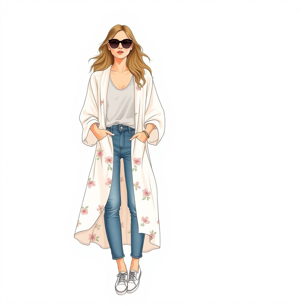 Long simple kimono with long sleeves
Design a breezy, long simple kimono with flowing, long sleeves in soft pastel hues. Incorporate a relaxed fit, lightweight fabric, and subtle floral prints for a touch of nature. Pair with fitted, comfortable denim jeans and stylish slip-on sneakers for an effortlessly chic, casual look ideal for everyday outings.