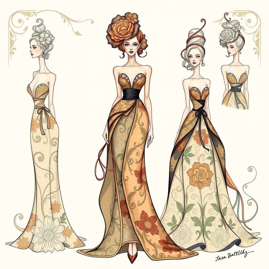 Art Nouveau and modern fusion fashion sketch, tall female model, black and white line art, Casa Batlló inspired, various poses, hairstyles and accessories
Create a fashion design sketch that melds Art Nouveau elegance with modern flair. Illustrate a tall female model adorned in flowing garments featuring intricate floral patterns and sinuous lines, inspired by the Casa Batlló. Showcase various poses, unique hairstyles reminiscent of the period, and ornate accessories that embody the era’s whimsical beauty.