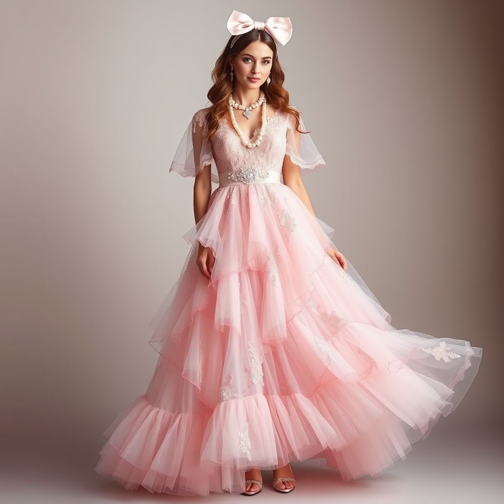 Chic, girly, stylish, luxurious
Design an enchanting feminincore outfit that embodies chic elegance, featuring a flowing pastel pink tulle gown layered with intricate lace and delicate ruffles. Adorned with floral embroidery and a cinched waist, add opulent pearl accessories. Complete the look with strappy, embellished heels and a whimsical, oversized bow headband for that perfect, dreamy finish.