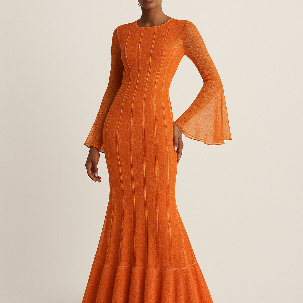 Orange burst knit maxi dress with mermaid skirt. Vertical lines in gold seamed threaded edge frilled. Long sleeve sheer sparkly trumpet
Orange burst knit maxi dress with mermaid skirt. Vertical lines in gold seamed threaded edge frilled. Long sleeve sheer sparkly trumpet